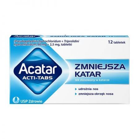 Acatar Acti Tabs, 60 mg + 2,5 mg tabletki, 12 szt. + Bez recepty | Przeziębienie i grypa | Katar i zapalenie zatok ++ Us Pharmacia