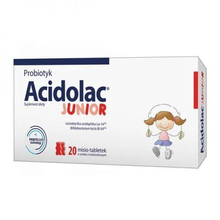 Acidolac Junior, misio-tabletki smak truskawkowy, 20 szt. + Bez recepty | Odporność | Witaminy na odporność ++ Polpharma