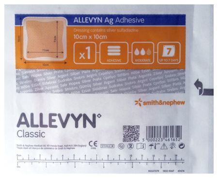 Allevyn AG Adhesive, opatrunek samoprzylepny ze srebrem 10 cm x 10 cm, 1 szt. + Sprzęt i wyroby medyczne | Materiały opatrunkowe | Opatrunki specjalistyczne