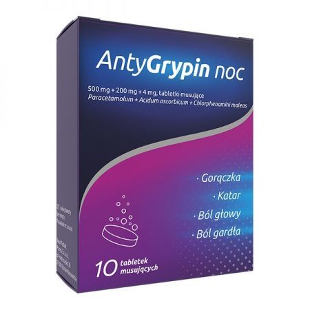 AntyGrypin noc, tabletki musujące, 10 szt. + Bez recepty | Przeziębienie i grypa | Katar i zapalenie zatok ++ Natur Produkt Zdrovit