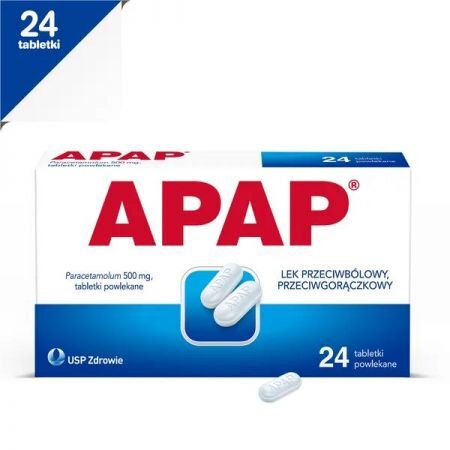Apap, 500 mg tabletki powlekane, 24 szt. + Bez recepty | Przeciwbólowe | Ból głowy i migrena ++ Us Pharmacia