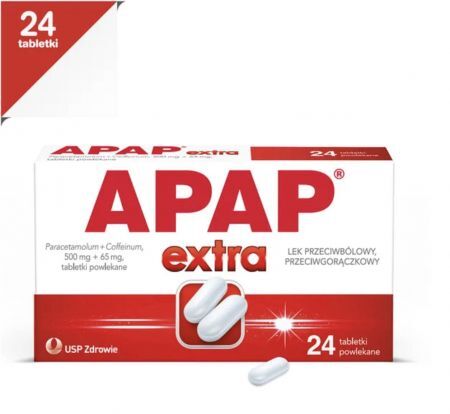 Apap Extra, 500 mg + 65 mg tabletki powlekane, 24 szt. + Bez recepty | Przeziębienie i grypa | Gorączka ++ Us Pharmacia