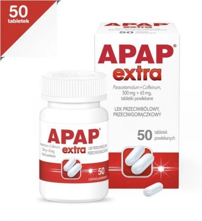 Apap Extra, 500 mg + 65 mg tabletki powlekane, 50 szt. + Bez recepty | Przeziębienie i grypa | Gorączka ++ Us Pharmacia