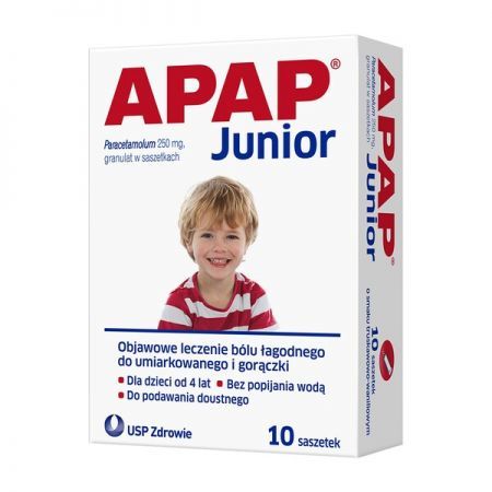 Apap Junior, 250 mg granulat, 10 saszetek + Mama i dziecko | Dolegliwości dziecięce | Gorączka ++ Us Pharmacia