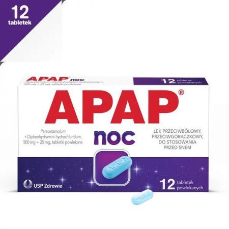 Apap Noc, 500 mg + 25 mg tabletki powlekane, 12 szt. + Bez recepty | Przeziębienie i grypa | Gorączka ++ Us Pharmacia