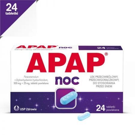 Apap Noc, 500 mg + 25 mg tabletki powlekane, 24 szt. + Bez recepty | Przeziębienie i grypa | Gorączka ++ Us Pharmacia