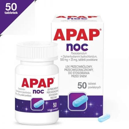 Apap Noc, 500 mg + 25 mg tabletki powlekane, 50 szt. + Bez recepty | Przeziębienie i grypa | Gorączka ++ Us Pharmacia
