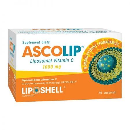 Ascolip Liposomalna witamina C, 1000 mg żel doustny smak cytrynowy i pomarańczowy, 30 saszetek + Bez recepty | Witaminy i minerały | Witamina C ++ Lipid Systems Sp. Z.o.o.
