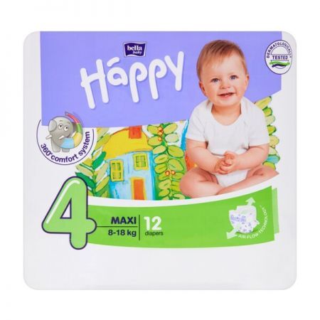 Bella Happy Maxi 4, jednorazowe pieluchy dla niemowląt 8 kg - 18 kg, 12 szt + Mama i dziecko | Akcesoria dla dziecka | Pieluszki, podkłady, chusteczki ++ Toruńskie Zakł.mat.opat.