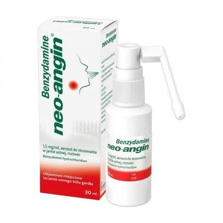 Benzydamine neo-angin, 1,5mg/ml aerozol do stosowania w jamie ustnej 30 ml + Bez recepty | Przeciwbólowe | Ból gardła ++ Klosterfrau