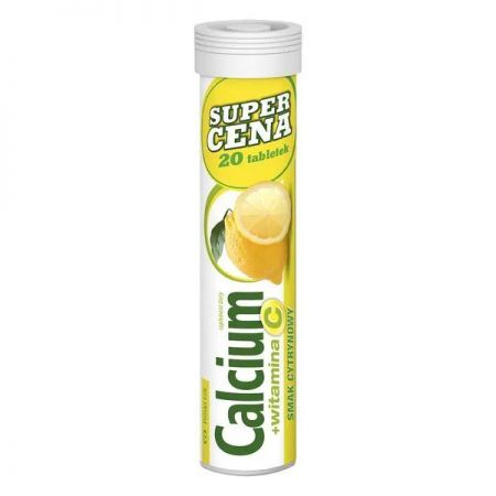 Calcium + Witamina C, tabletki musujące smak cytrynowy, 20 szt. Polski Lek + Bez recepty | Alergia | Wapno na alergię ++ Polski Lek