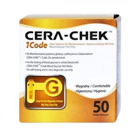 Cera-Chek 1 Code, paski testowe do monitorowania stężenia glukozy we krwi, 50 sztuk + Bez recepty | Cukrzyca | Glukometry i paski testowe ++ Hand-Prod
