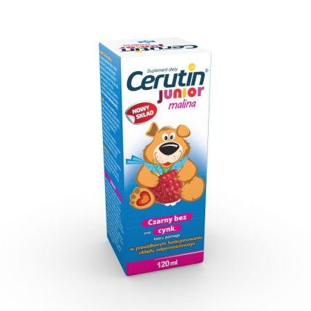 Cerutin Junior malina, syrop, 120 ml + Bez recepty | Przeziębienie i grypa | Preparaty wspomagające ++ Polfarmex