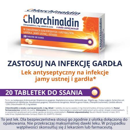 Chlorchinaldin, 2 mg tabletki do ssania o smaku czarnej porzeczki, 20 szt. + Bez recepty | Przeciwbólowe | Ból gardła ++ Pharmaswiss