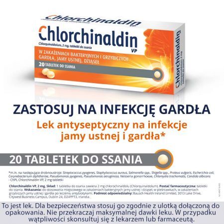 Chlorchinaldin VP, 2 mg tabletki do ssania, 20 szt. + Bez recepty | Przeciwbólowe | Ból gardła ++ Pharmaswiss