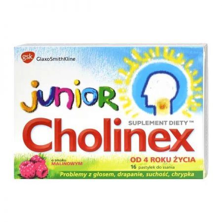 Cholinex Junior, pastylki do ssania smak malinowy, 16 szt. + Bez recepty | Przeziębienie i grypa | Ból gardła i chrypka ++ Glaxosmithkline
