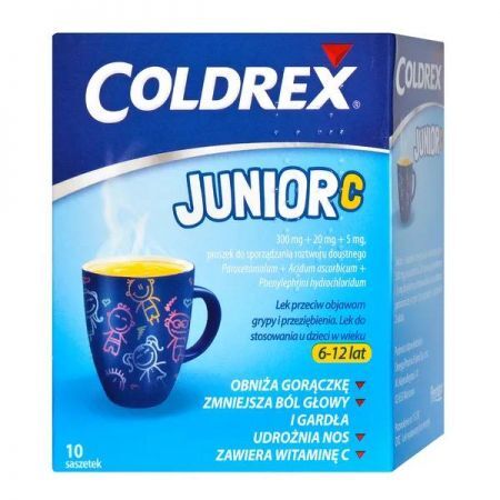 Coldrex Junior C, proszek do sporządzania roztworu doustnego, 10 sasz. + Bez recepty | Przeziębienie i grypa | Preparaty wieloskładnikowe ++ Omega Pharma