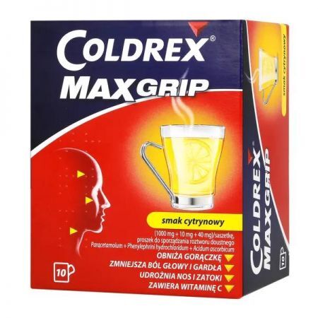 Coldrex MaxGrip, proszek do sporządzania roztworu doustnego w saszetkach smak cytrynowy, 10 szt. + Bez recepty | Przeziębienie i grypa | Preparaty wieloskładnikowe ++ Omega Pharma