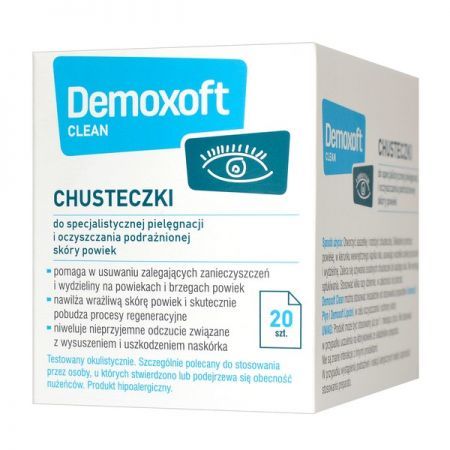 Demoxoft Clean, chusteczki do pielęgnacji podrażnionej skóry powiek, 20 szt. + Bez recepty | Oczy i wzrok | Krople i żele do oczu ++ Verco