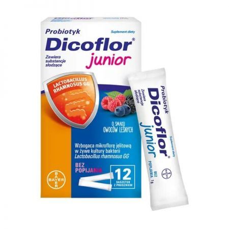 Dicoflor Junior, proszek w saszetkach, 12 szt. + Bez recepty | Przewód pokarmowy i trawienie | Probiotyki ++ Bayer
