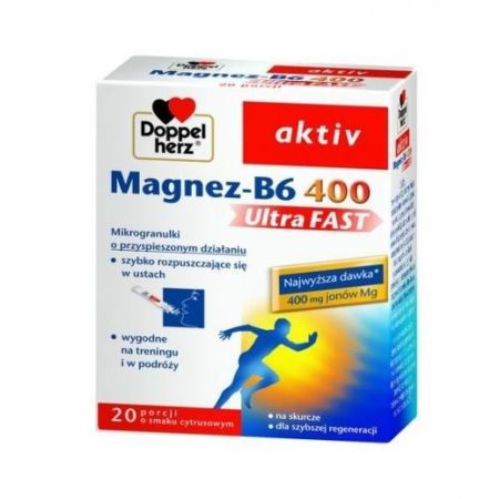 Doppelherz aktiv Magnez-B6 UltraFAST 400, granulki musujące, 20 saszetek + Bez recepty | Witaminy i minerały | Magnez i potas ++ Queisser