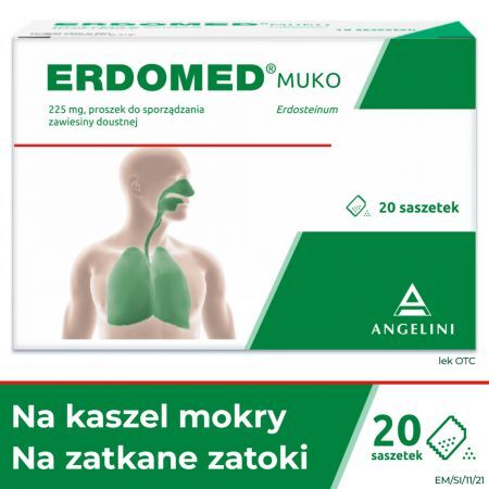 Erdomed Muko, 225 mg, lek na kaszel mokry i zatkane zatoki, proszek do sporządzania zawiesiny doustnej, 20 saszetek + Bez recepty | Przeziębienie i grypa | Kaszel ++ Angelini