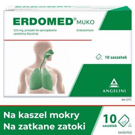Erdomed Muko, 225 mg, lek na kaszel mokry i zatkane zatoki, proszek do sporządzania zawiesiny doustnej, 10 saszetek + Bez recepty | Przeziębienie i grypa | Kaszel ++ Angelini