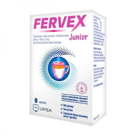 Fervex Junior, granulat bez cukru, 8 saszetek + Bez recepty | Przeziębienie i grypa | Preparaty wieloskładnikowe ++ Bristol-Meyers Squibb