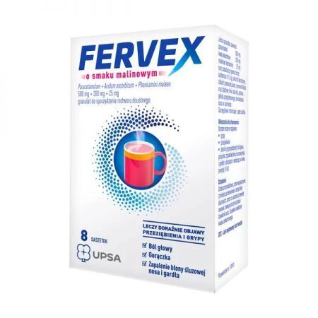 Fervex o smaku malinowym, 8 saszetek + Bez recepty | Przeziębienie i grypa | Preparaty wieloskładnikowe ++ Upsa Sas