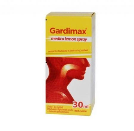 Gardimax medica lemon spray, (2 mg + 0,5 mg)/ml aerozol do jamy ustnej, 30 ml + Bez recepty | Przeziębienie i grypa | Ból gardła i chrypka ++ Tactica Pharmaceuticals