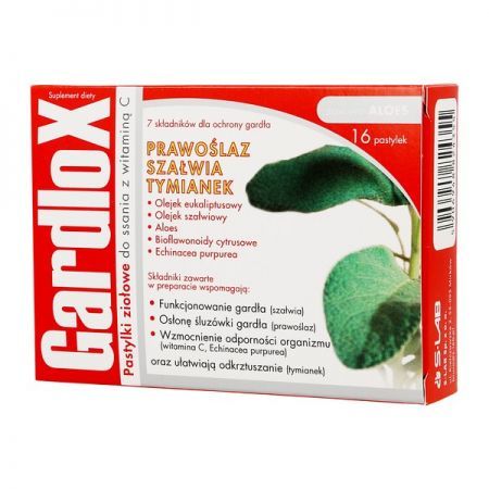Gardlox, pastylki ziołowe do ssania z witaminą C, 16 szt. + Bez recepty | Przeciwbólowe | Ból gardła ++ S-Lab