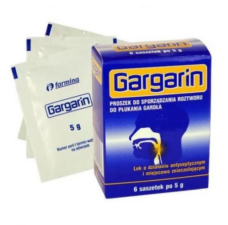 Gargarin, proszek do sporządzenia płynu do płukania gardła, 5 g, 6 saszetek + Bez recepty | Przeziębienie i grypa | Ból gardła i chrypka ++ Farmina