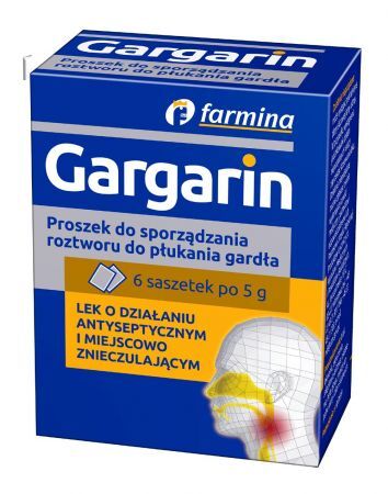 Gargarin, proszek do sporządzenia płynu do płukania gardła, 5 g x 6 saszetek + Bez recepty | Przeziębienie i grypa | Ból gardła i chrypka ++ Farmina