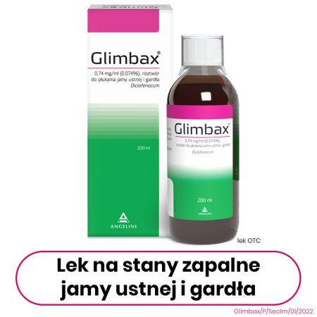 Glimbax, 0,74 mg / ml roztwór do płukania jamy ustnej i gardła, 200 ml + Bez recepty | Przeciwbólowe | Ból gardła ++ Angelini