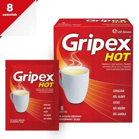 Gripex Hot (HotActiv), proszek do sporządzania roztworu, 8 saszetek + Bez recepty | Przeziębienie i grypa | Preparaty wieloskładnikowe ++ Us Pharmacia