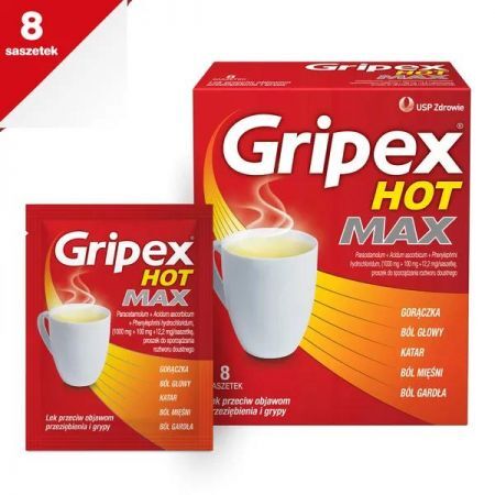 Gripex Hot MAX, proszek do sporządzenia roztworu, 8 saszetek + Bez recepty | Przeziębienie i grypa | Preparaty wieloskładnikowe ++ Us Pharmacia