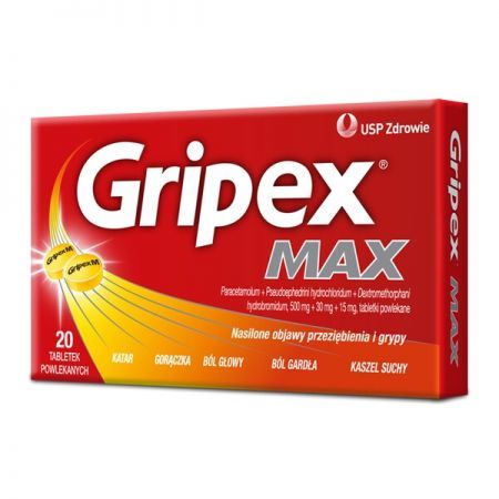 Gripex Max, tabletki powlekane, 20 szt. + Bez recepty | Przeziębienie i grypa | Gorączka ++ Us Pharmacia