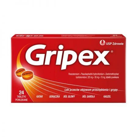 Gripex, tabletki powlekane, 24 szt + Bez recepty | Przeziębienie i grypa | Gorączka ++ Us Pharmacia