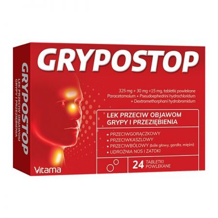 Grypostop, 325 mg+30 mg+15 mg tabletki powlekane, 24 szt. + Bez recepty | Przeziębienie i grypa | Gorączka ++ Medicofarma