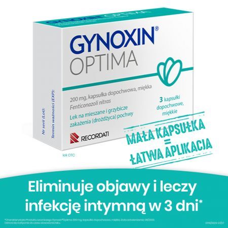 Gynoxin Optima, 200 mg kapsułki dopochwowe miękkie, 3 szt. + Bez recepty | Zdrowie intymne | Infekcje i podrażnienia ++ Recordati