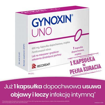 Gynoxin Uno, 600 mg kapsułki dopochwowe miękkie, 1 szt. + Bez recepty | Zdrowie intymne | Infekcje i podrażnienia ++ Recordati