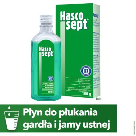 Hascosept, 1,5 mg/g roztwór do stosowania w jamie ustnej, 100 g + Bez recepty | Przeciwbólowe | Ból gardła ++ Hasco