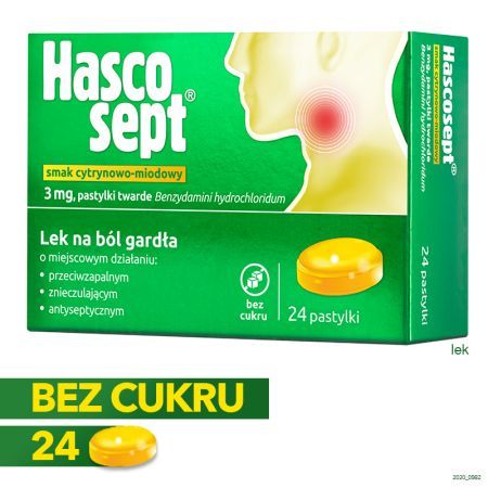 Hascosept smak cytrynowo – miodowy, lek na ból gardła, 24 pastylki twarde + Bez recepty | Przeciwbólowe | Ból gardła ++ Hasco