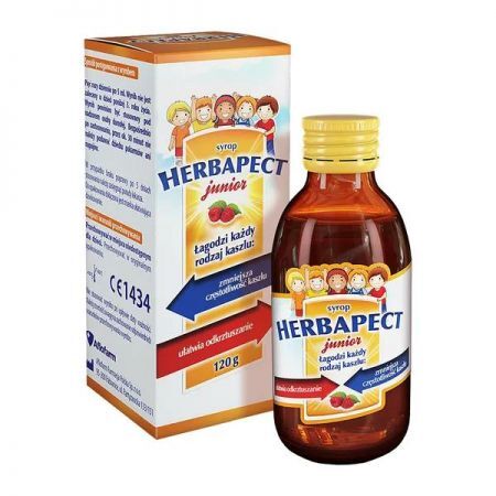 Herbapect Junior, syrop o smaku malinowym, 120 g + Bez recepty | Przeziębienie i grypa | Kaszel ++ Aflofarm
