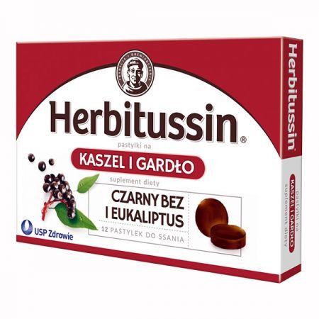 Herbitussin Kaszel i Gardło, pastylki do ssania, 12 szt. + Bez recepty | Przeziębienie i grypa | Ból gardła i chrypka ++ Us Pharmacia