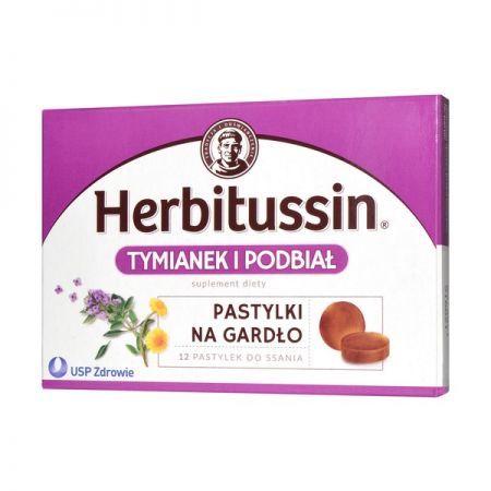 Herbitussin Tymianek i Podbiał, pastylki do ssania, 12 szt. + Bez recepty | Przeciwbólowe | Ból gardła ++ Us Pharmacia