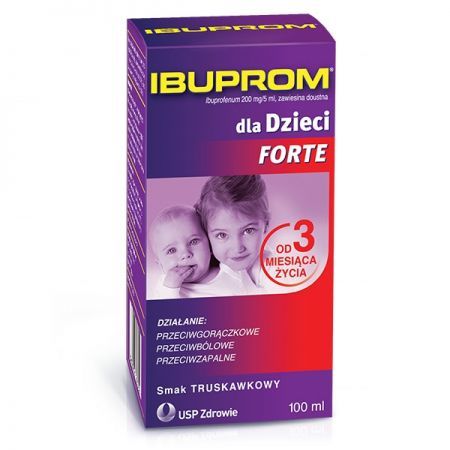 Ibuprom dla Dzieci Forte, 200 mg/5 ml zawiesina doustna, 100 ml + Mama i dziecko | Dolegliwości dziecięce | Gorączka ++ Us Pharmacia