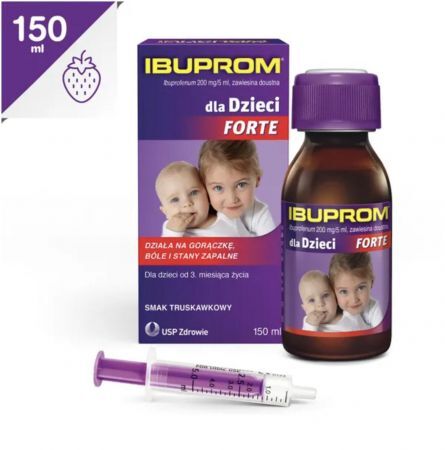 Ibuprom dla Dzieci Forte, 200 mg/5 ml zawiesina doustna, 150 ml + Mama i dziecko | Dolegliwości dziecięce | Gorączka ++ Us Pharmacia