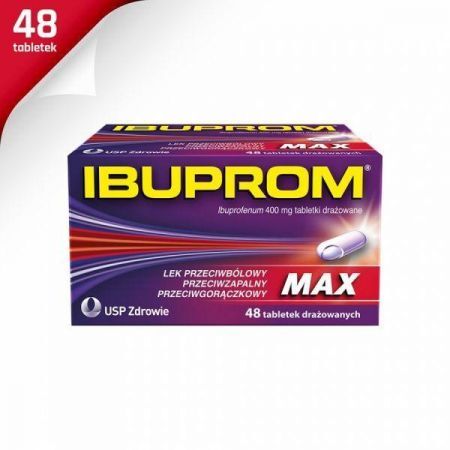 Ibuprom Max, 400 mg tabletki drażowane, 48 szt. + Bez recepty | Przeciwbólowe | Ból głowy i migrena ++ Us Pharmacia