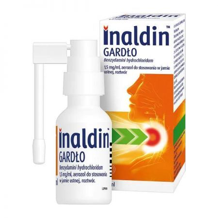 Inaldin Gardło, 1,5 mg/ml aerozol do stosowania w jamie ustnej, 30 ml + Bez recepty | Przeziębienie i grypa | Ból gardła i chrypka ++ Bausch Health